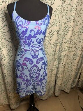 Amazon Light Blue Sequin Floral Slip Mini Dress